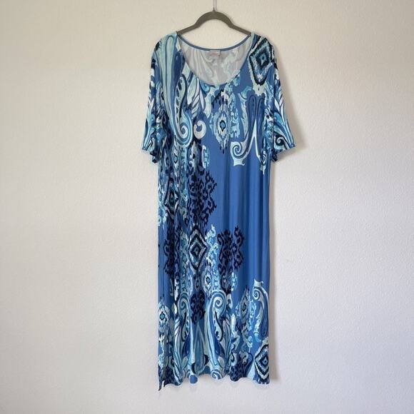 Chicos Dress Womens 3 16/18 Blue Aqua Paisley Ikat Print Stretch Short Sleeve - Picture 1 of 10